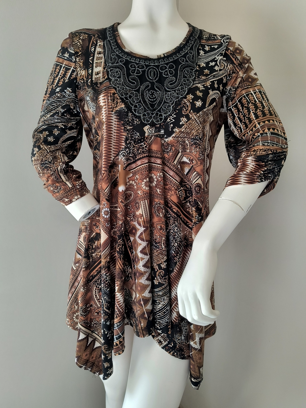 Initiatives Brown & Black Patterned Asymmetrical Hem Tunic Top - Size M